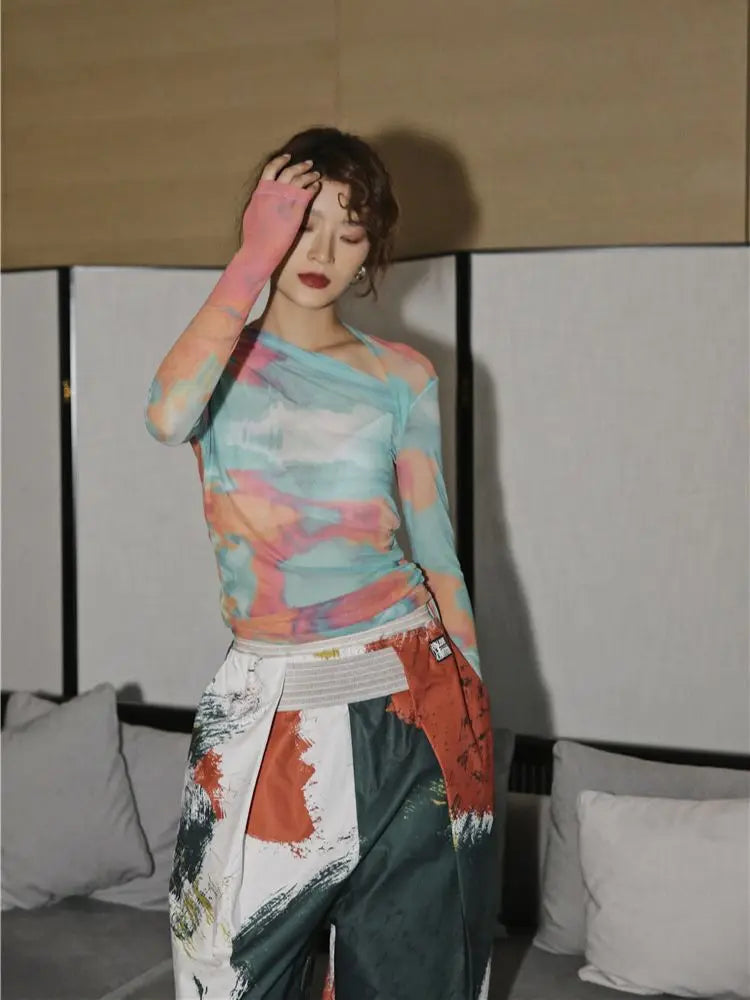 Asymmetric Tie Dye Mesh Top