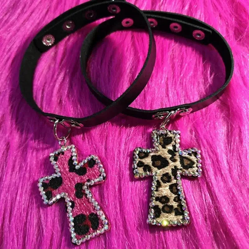 Bimbocore Leopard Cross Choker Necklace