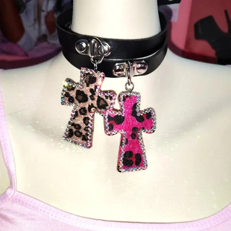 Bimbocore Leopard Cross Choker Necklace