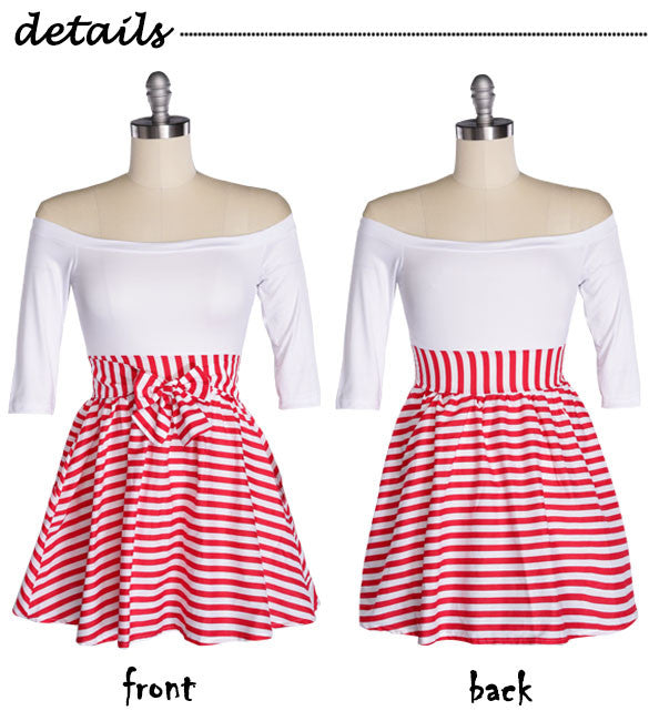 SPLICING HALF SLEEVE OFF SHOULDER STRIPED SHORT SKATER DRESS