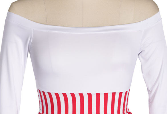 SPLICING HALF SLEEVE OFF SHOULDER STRIPED SHORT SKATER DRESS