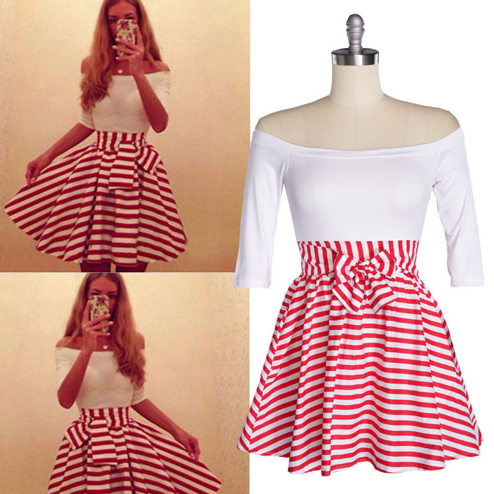 SPLICING HALF SLEEVE OFF SHOULDER STRIPED SHORT SKATER DRESS