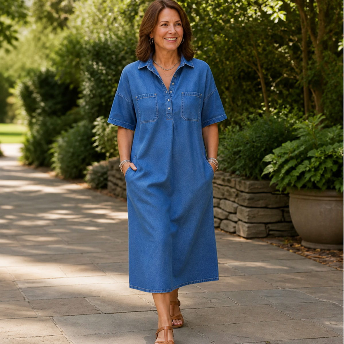 Pocketed Shirt Collar Denim Midi Dress