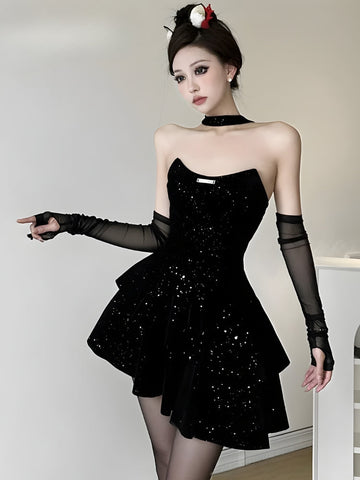 Glitter Asymmetric Mini Dress