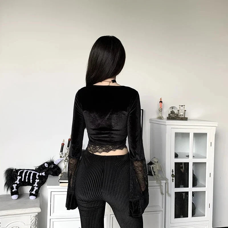 Goth Lace Flare Cuffs Crop Top