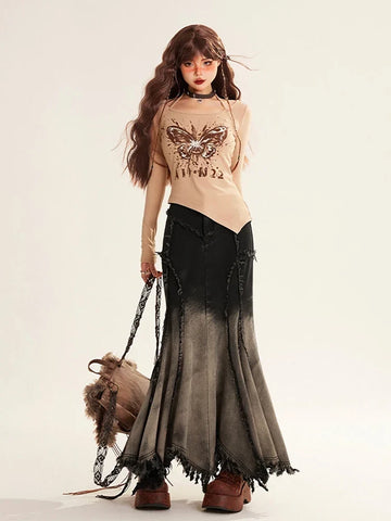 Grunge Tasseled Patch Maxi Skirt