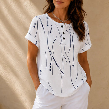 Abstract Print Waffle Top with Button Placket