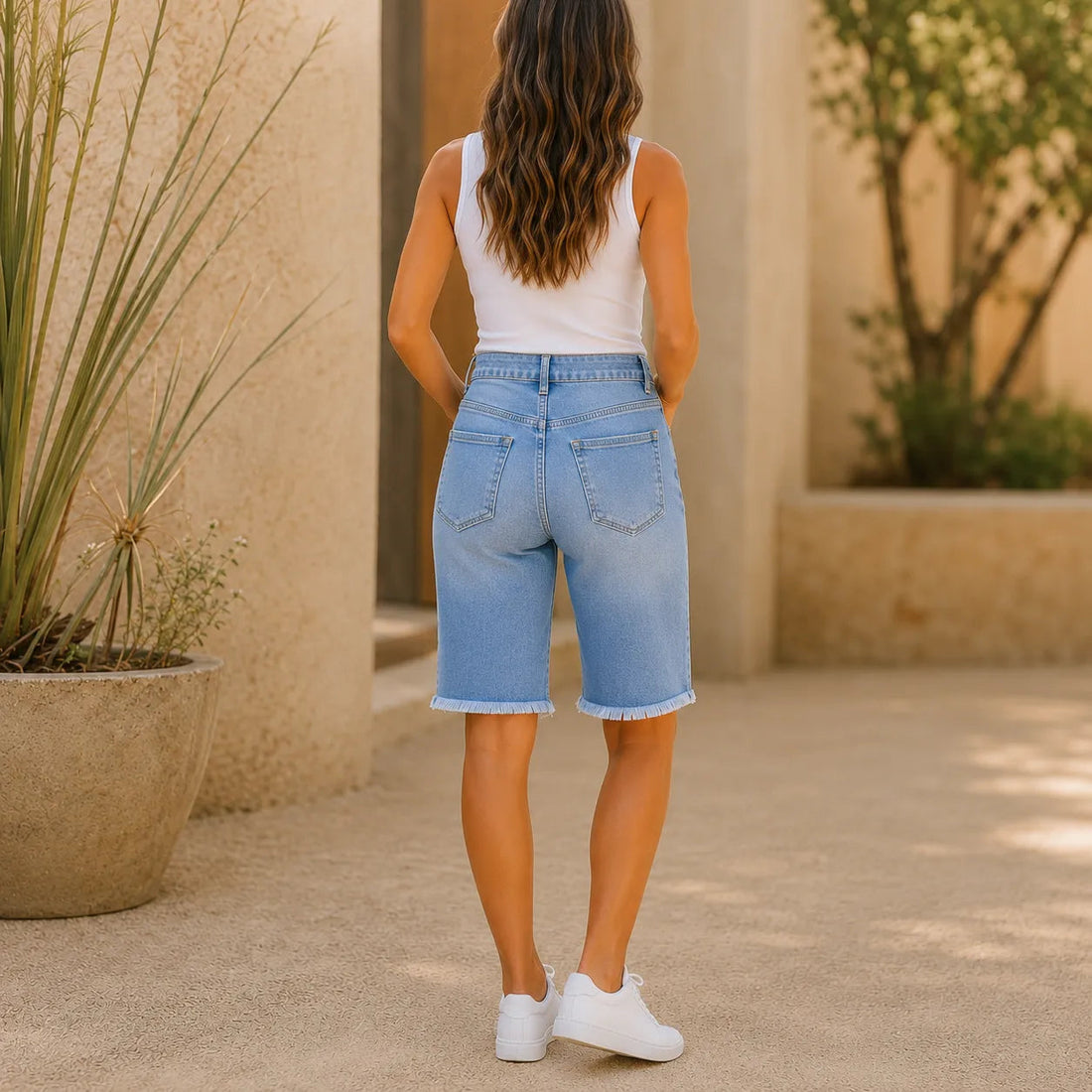 High Waisted Frayed Hem Bermuda Shorts with Stretch
