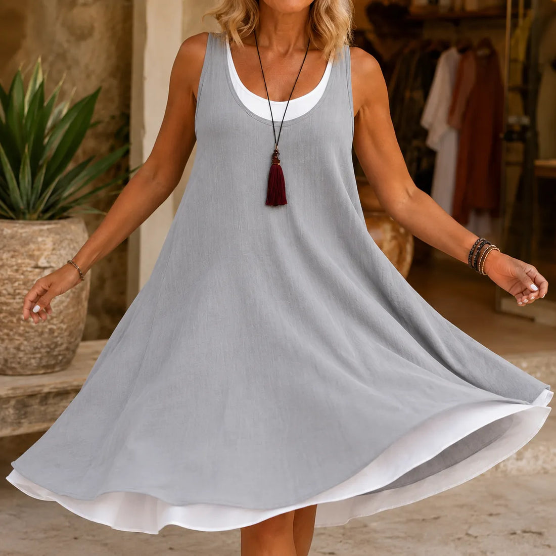 Layered Tank Dress with Mock Two-Piece Design, Sleeveless Sundress
