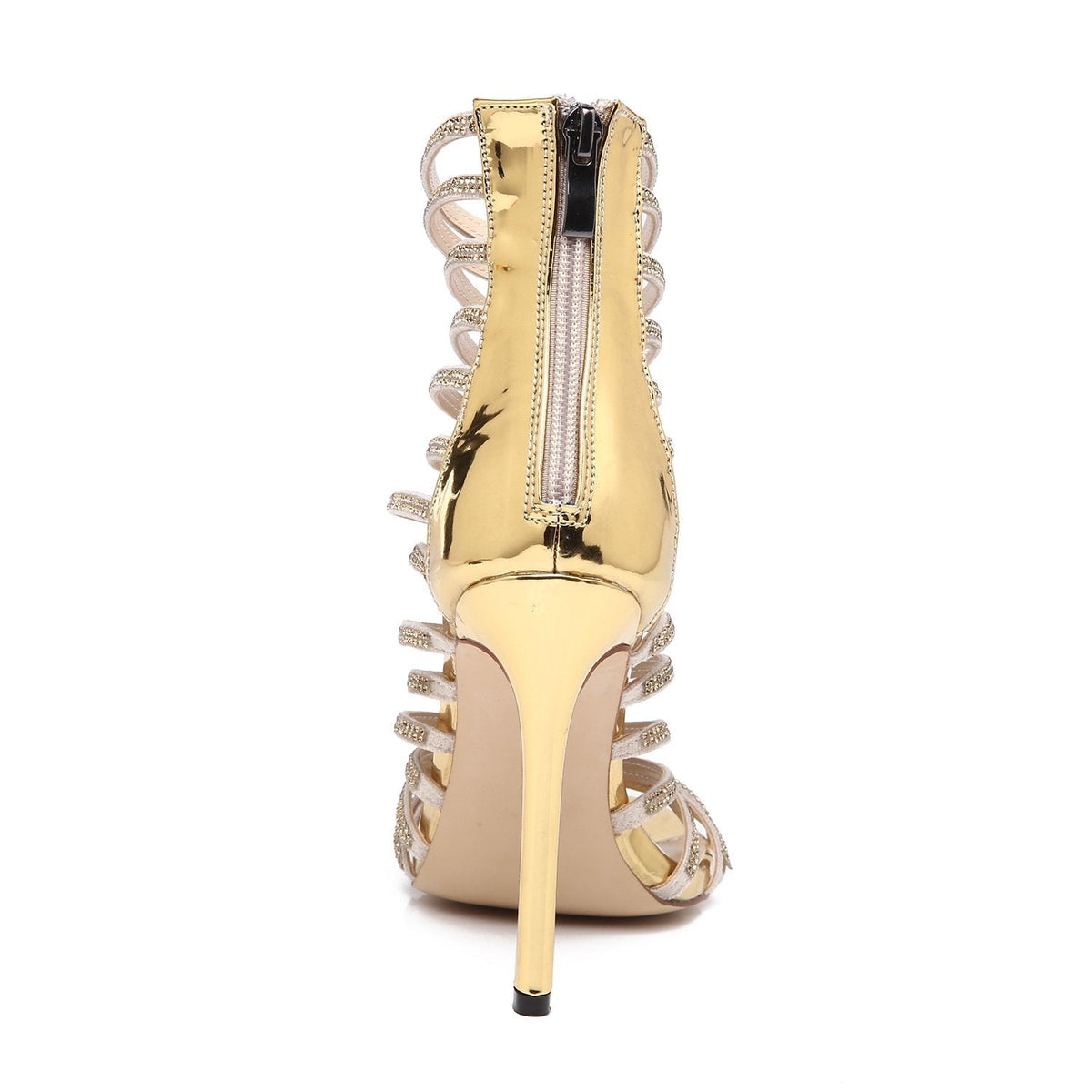 STRAPS HIGH STILETTO HEEL PEEP-TOE ZIPPER PU SANDALS