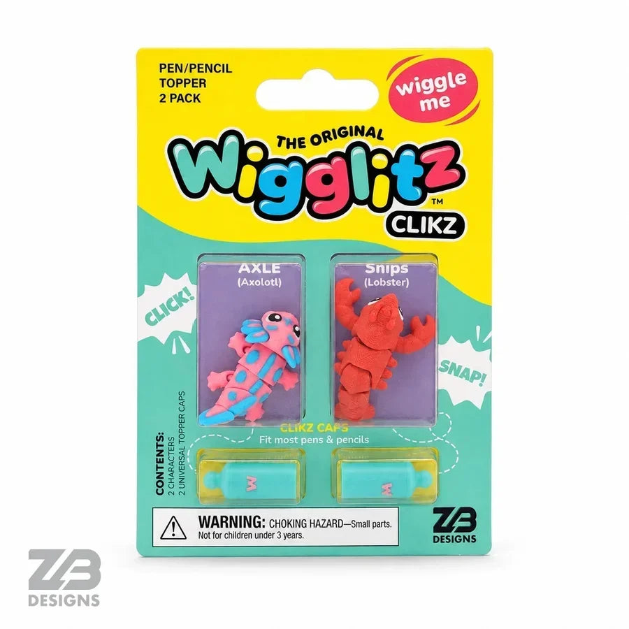 Wigglitz Clikz 2 Pack Pencil Toppers - Axle Axolotl & Snips Lobster