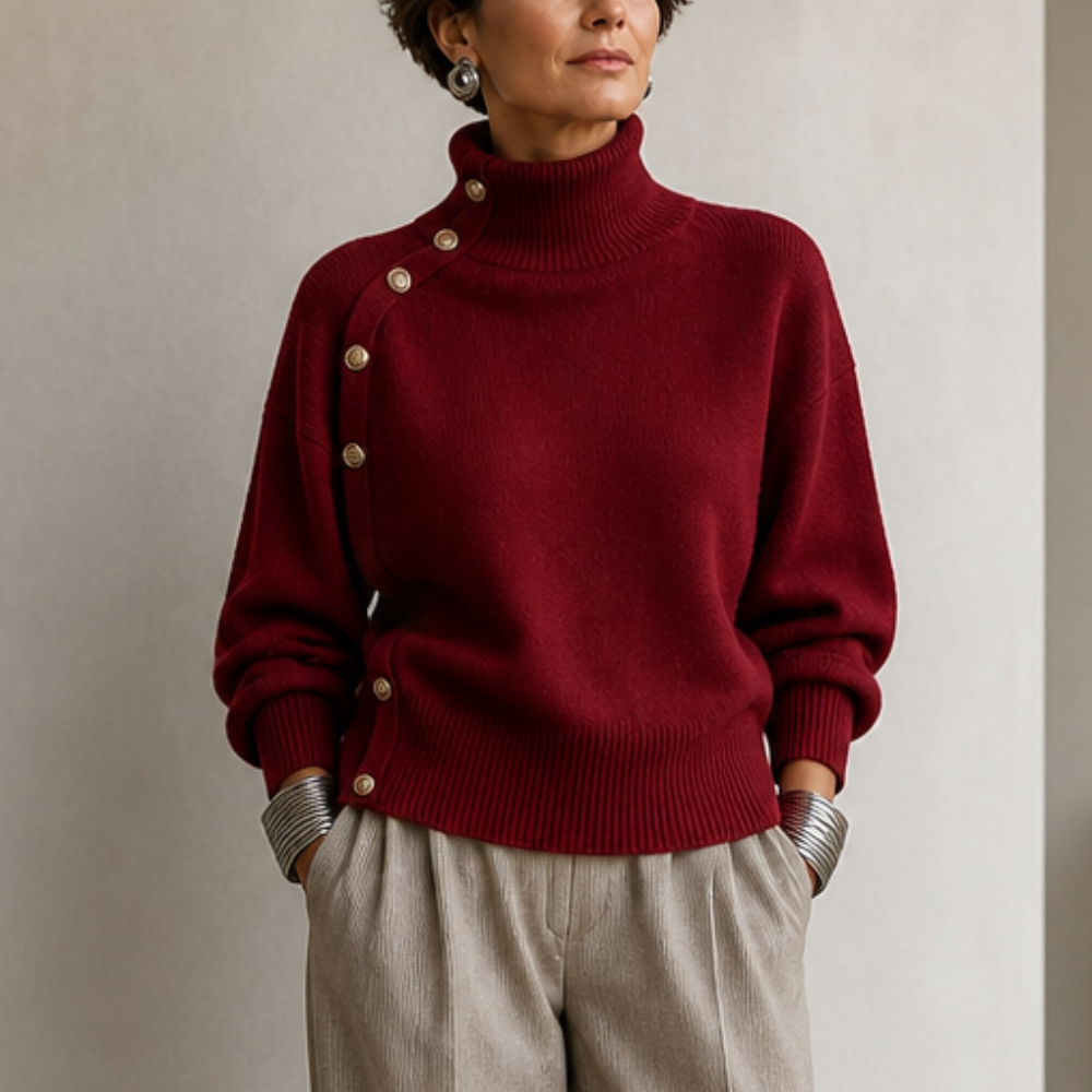 Asymmetric Gold-Tone Button Mock Neck Sweater