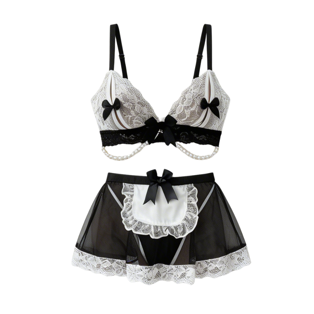 Lace Maid Lingerie Set with Pearl Chain