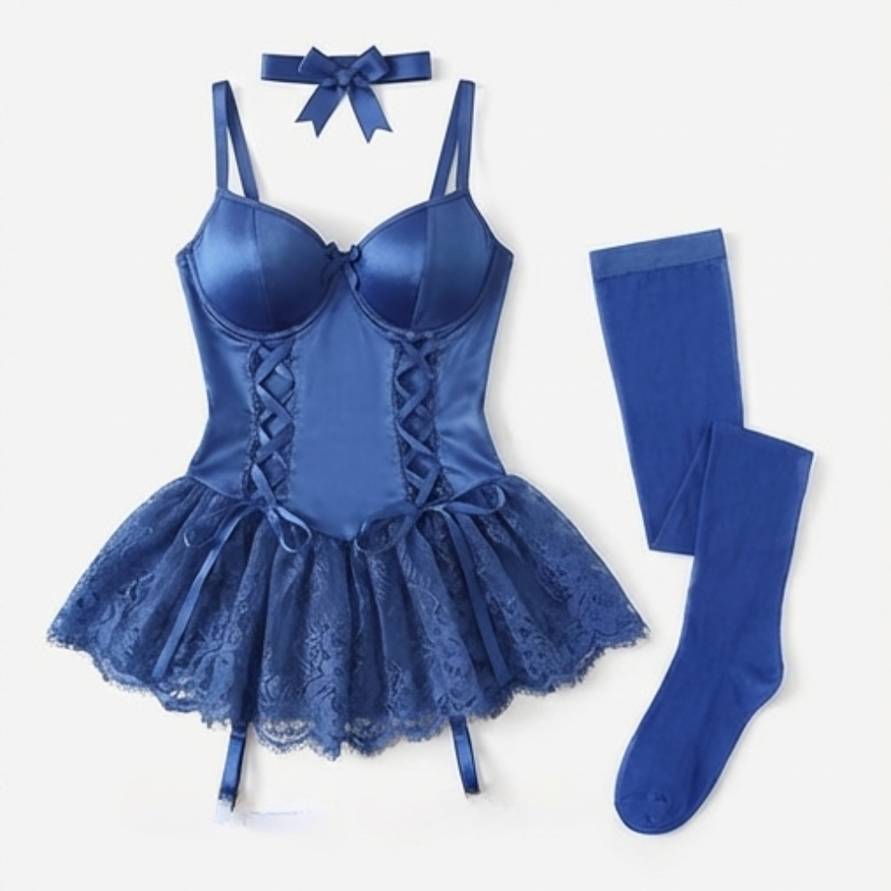 Floral lace babydoll set with garter stockings