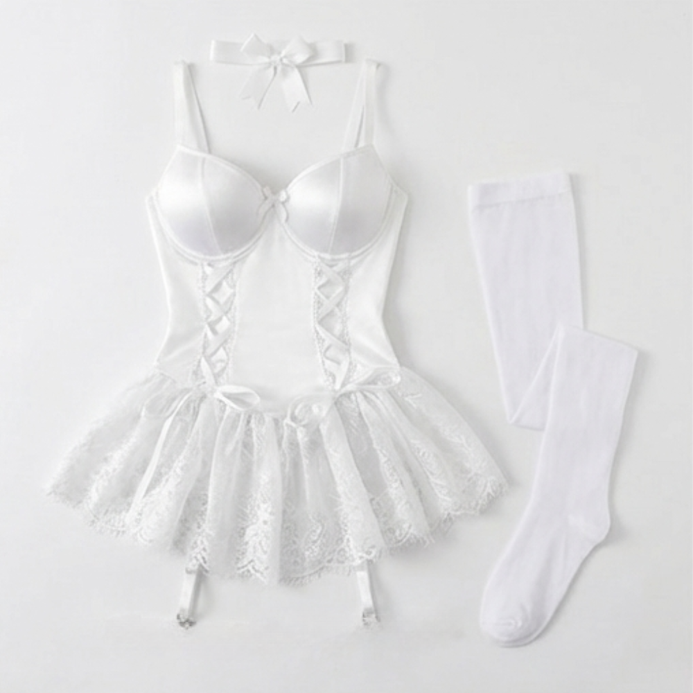Floral lace babydoll set with garter stockings