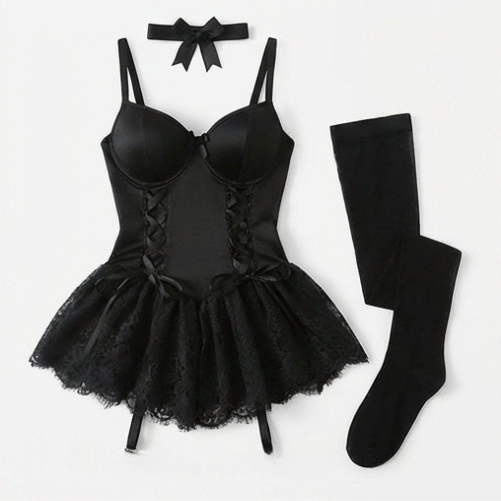 Floral lace babydoll set with garter stockings