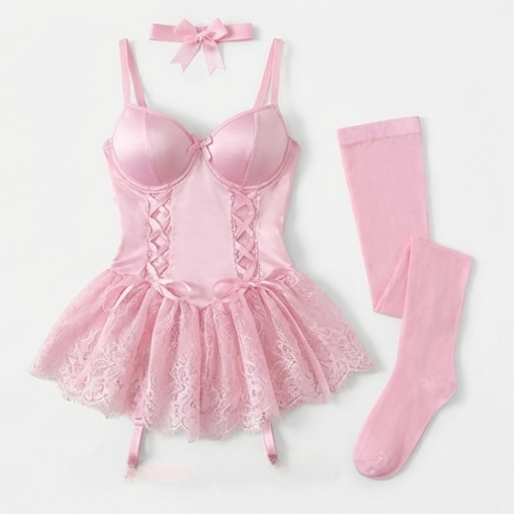 Floral lace babydoll set with garter stockings