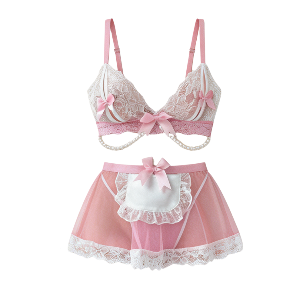 Lace Maid Lingerie Set with Pearl Chain