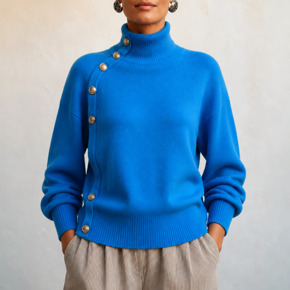 Asymmetric Gold-Tone Button Mock Neck Sweater
