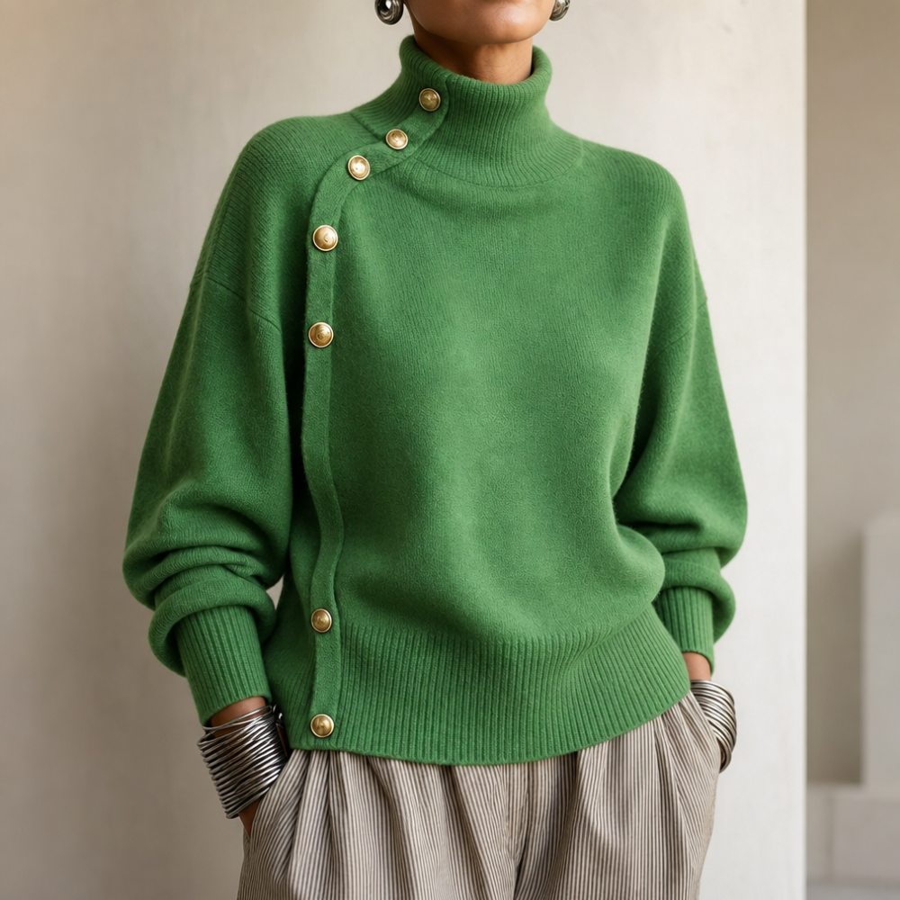 Asymmetric Gold-Tone Button Mock Neck Sweater