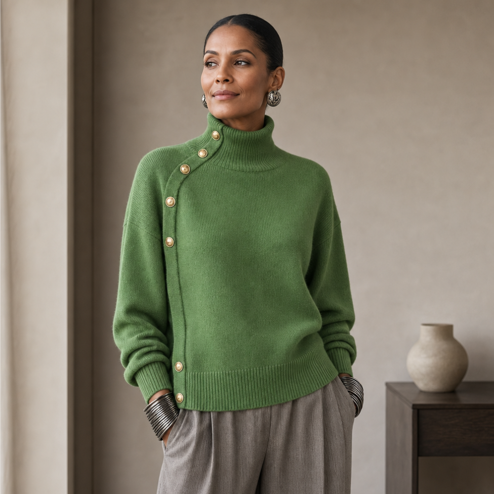 Asymmetric Gold-Tone Button Mock Neck Sweater
