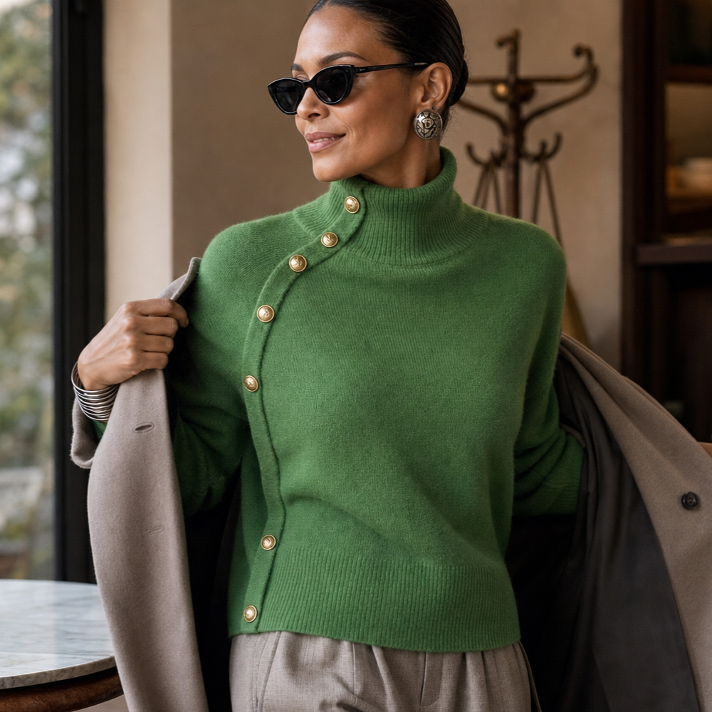 Asymmetric Gold-Tone Button Mock Neck Sweater