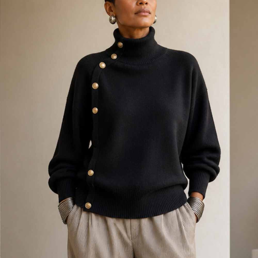 Asymmetric Gold-Tone Button Mock Neck Sweater