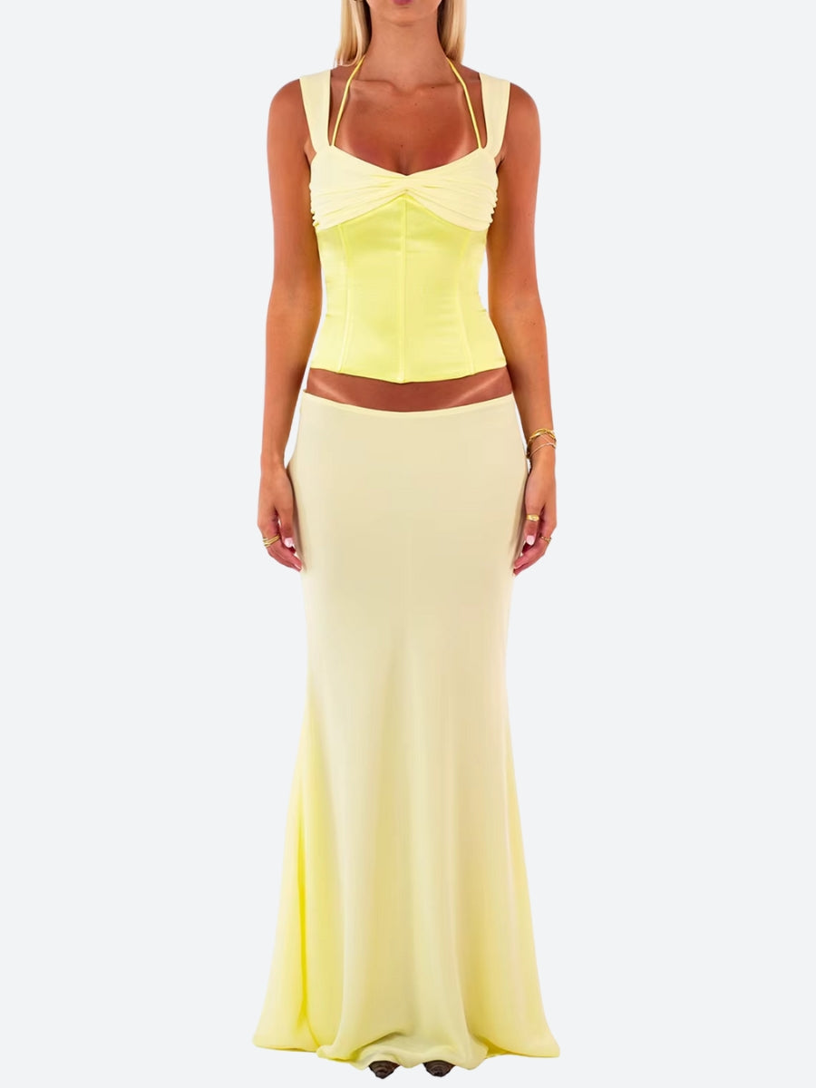 Lace Up Corset Top & Maxi Skirt Two Piece Set