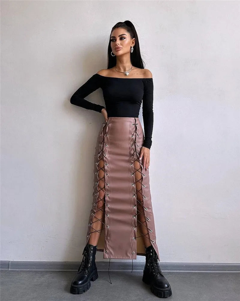 Lace-Up Faux Leather Midi Skirt