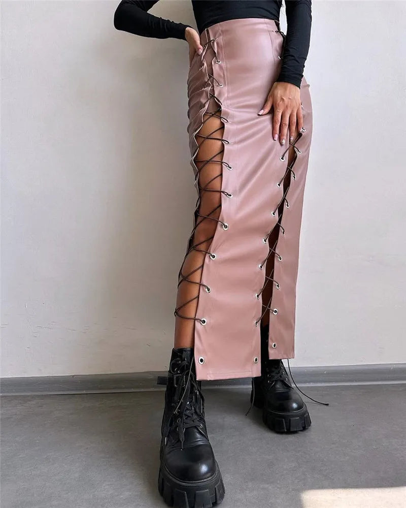 Lace-Up Faux Leather Midi Skirt