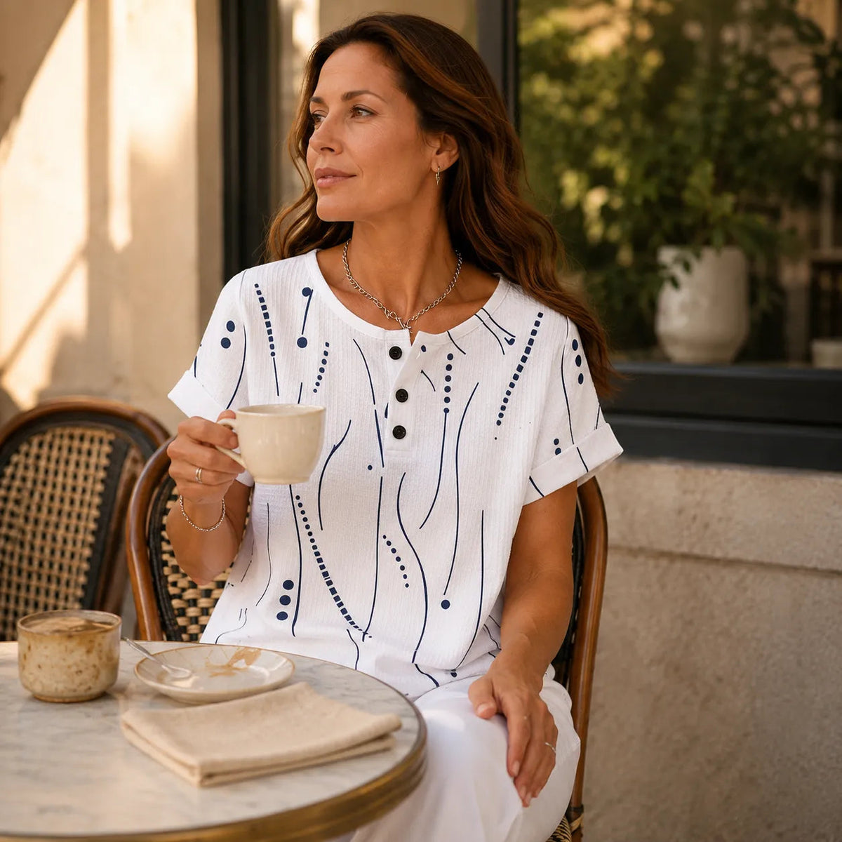Abstract Print Waffle Top with Button Placket