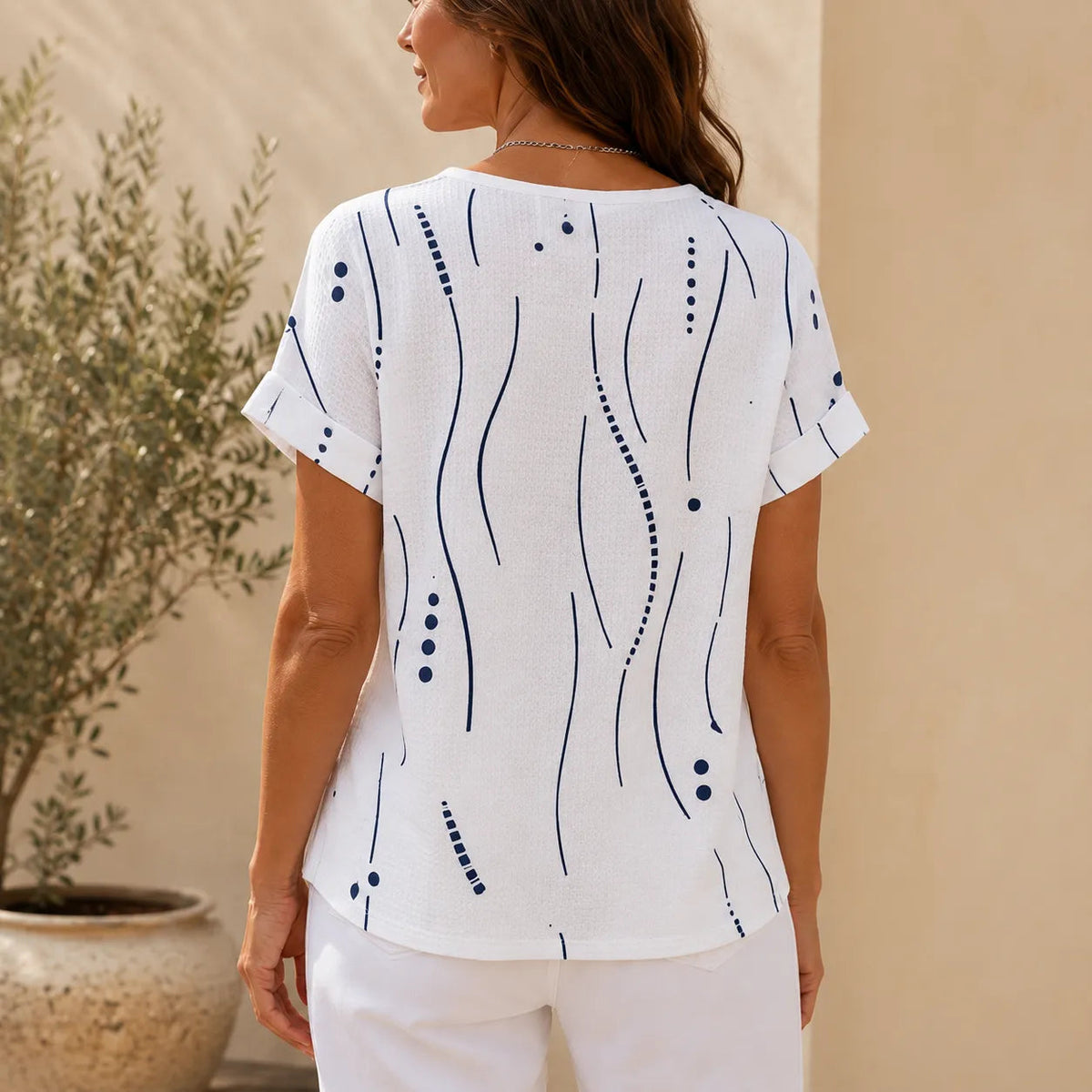 Abstract Print Waffle Top with Button Placket