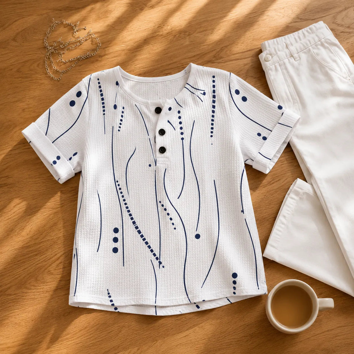 Abstract Print Waffle Top with Button Placket
