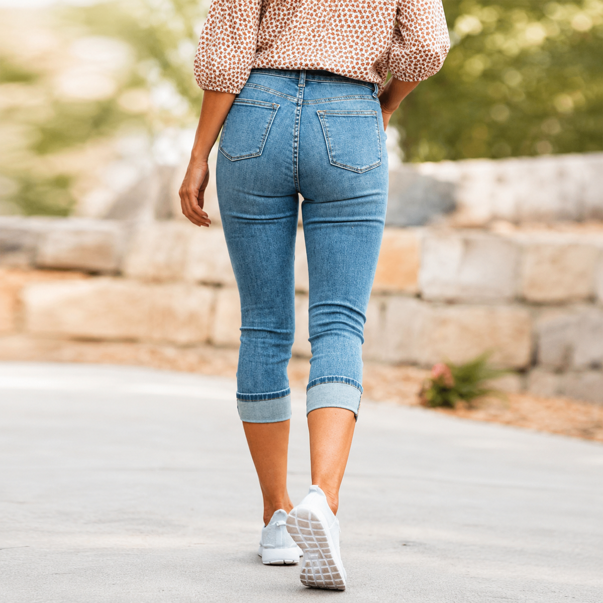 Women's High Waist Stretch Capri Jeans with Cuffed Hem