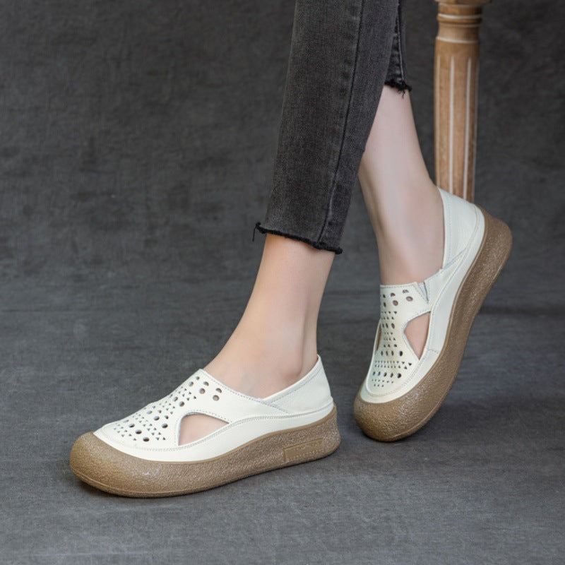 Summer Casual Leather No Slip Hollow Platform Slip On Shoes