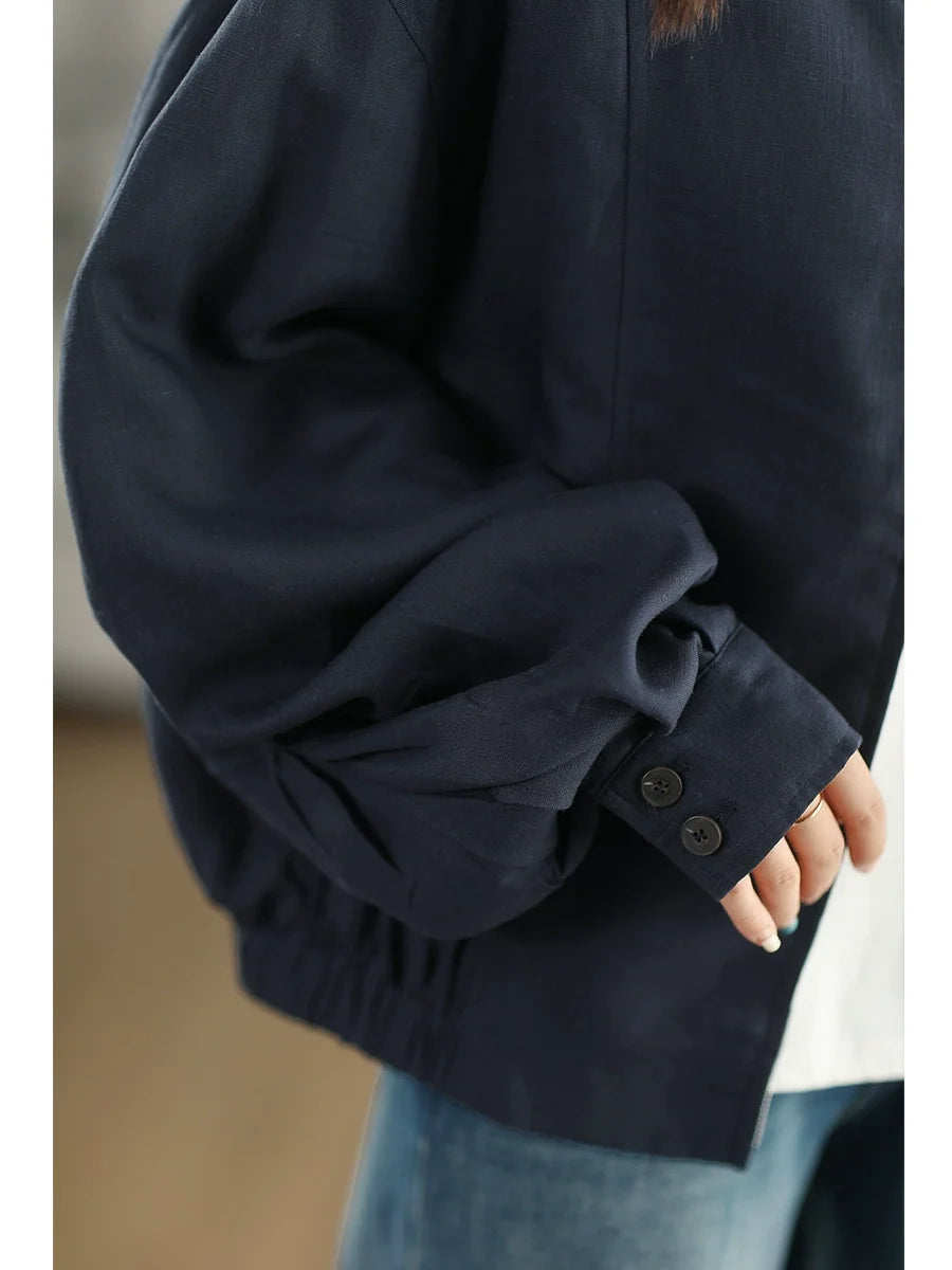 Women Retro Linen Round Neck Zipper Solid Color Jacket