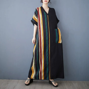 Women Summer Retro Cotton-Linen V-Neck Short-Sleeve Color-Block Maxi Dress