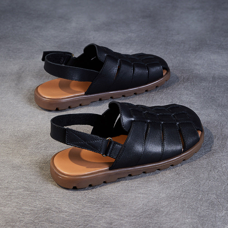 Summer Retro Leather Woven Closed Toe Cut-Out Soft Sole Flats