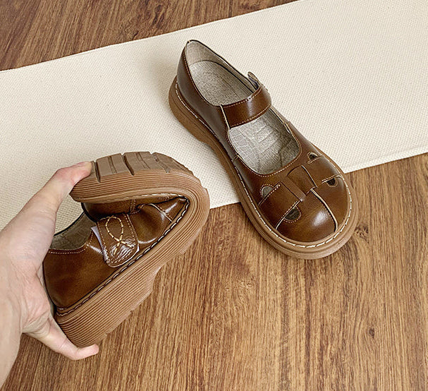 Spring Retro Soft Sole Round Toe Leather Sandals for Women