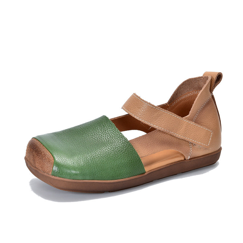 Vintage Leather Closed Toe Patchwork Soft Flat Sole Sandals