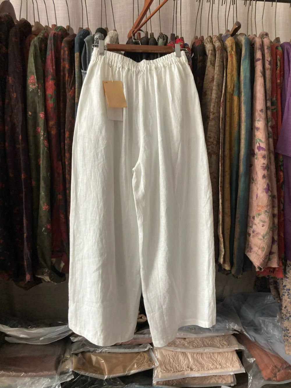 Summer Retro White Linen Embroidered Loose Tassel Pants