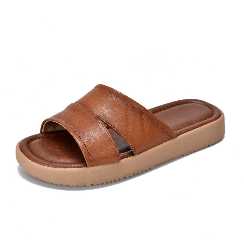 Summer Top Genuine Leather Casual Versatile Platform Slippers