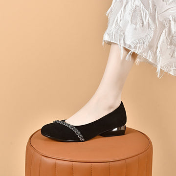 Summer Elegant Leather Round Toe Sueded Chunky Sandals