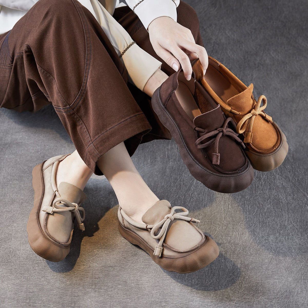 Retro Top Leather Round Toe Platform Lace-Up Slip-On Shoes