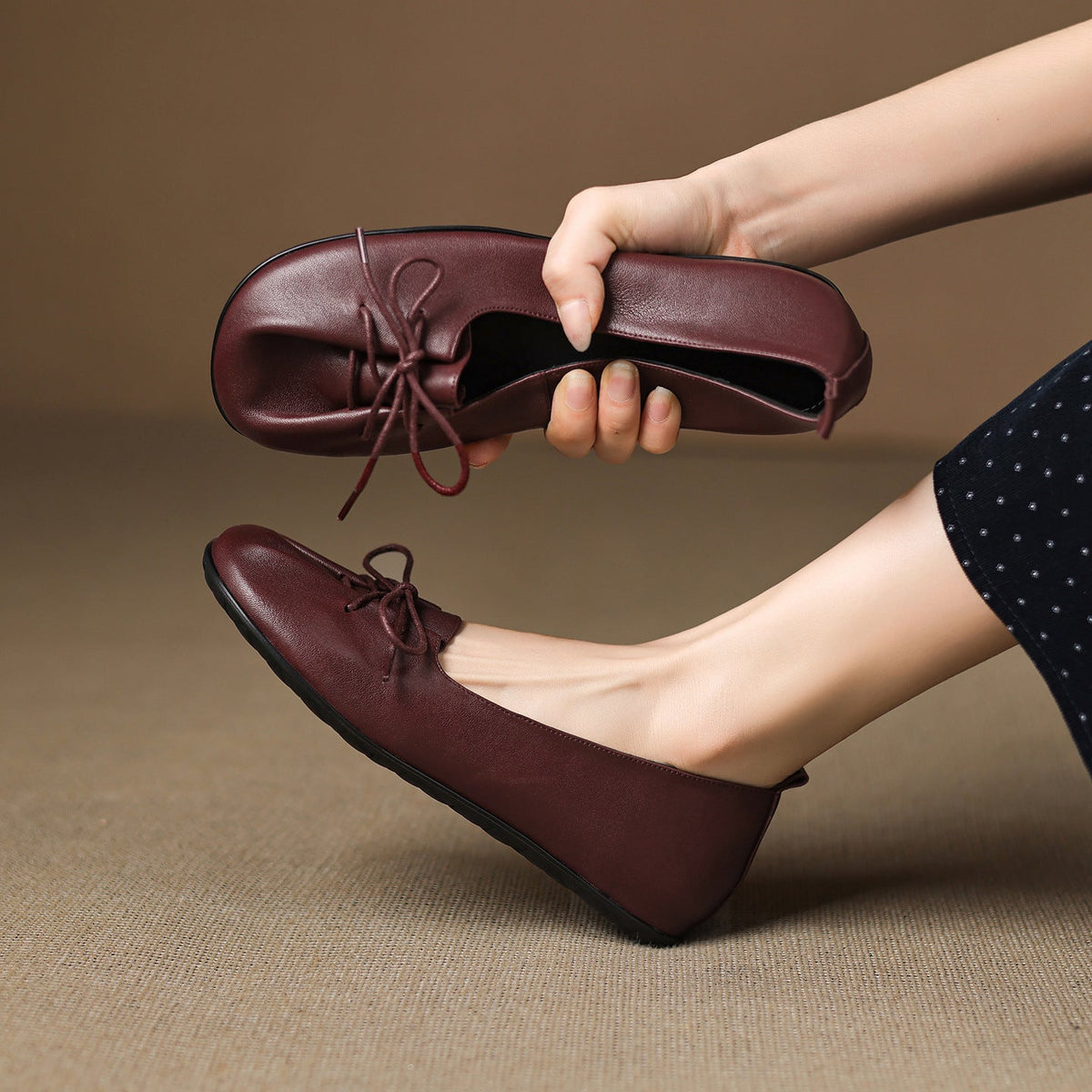Retro Sheepskin Leather Round Toe Shallow Flat Shoes