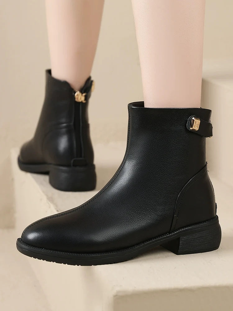 Women Autumn Retro Leather Soft Sole Chunky Boots