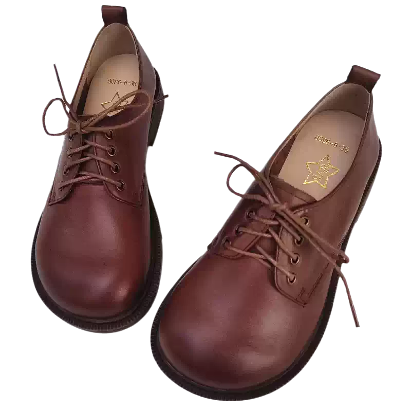 Spring Vintage Casual Leather Round Toe Lace Up Flats