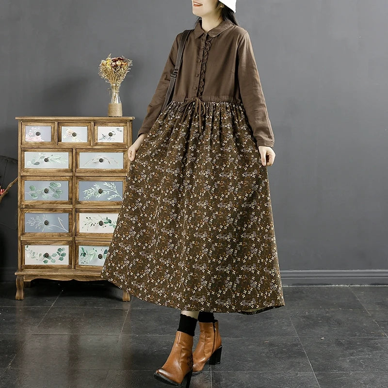 Women Autumn Vintage Cotton Linen Floral Patchwork Tie-Waist Maxi Dress