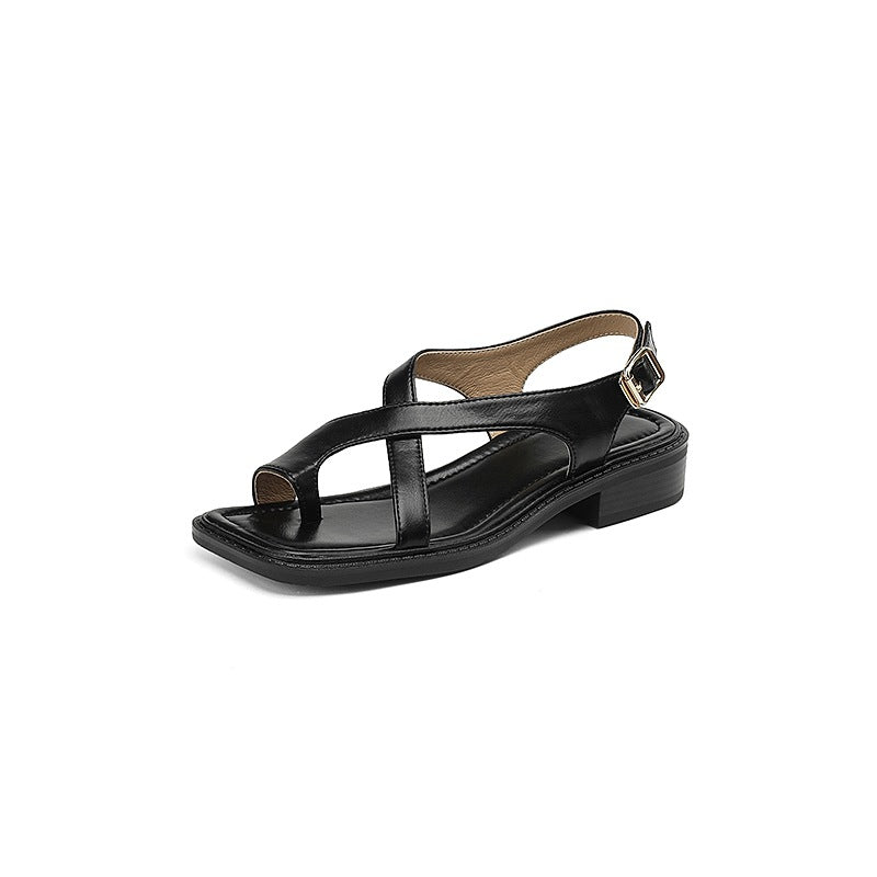 Summer Retro Leather Low Chunky Toe Post Sandals