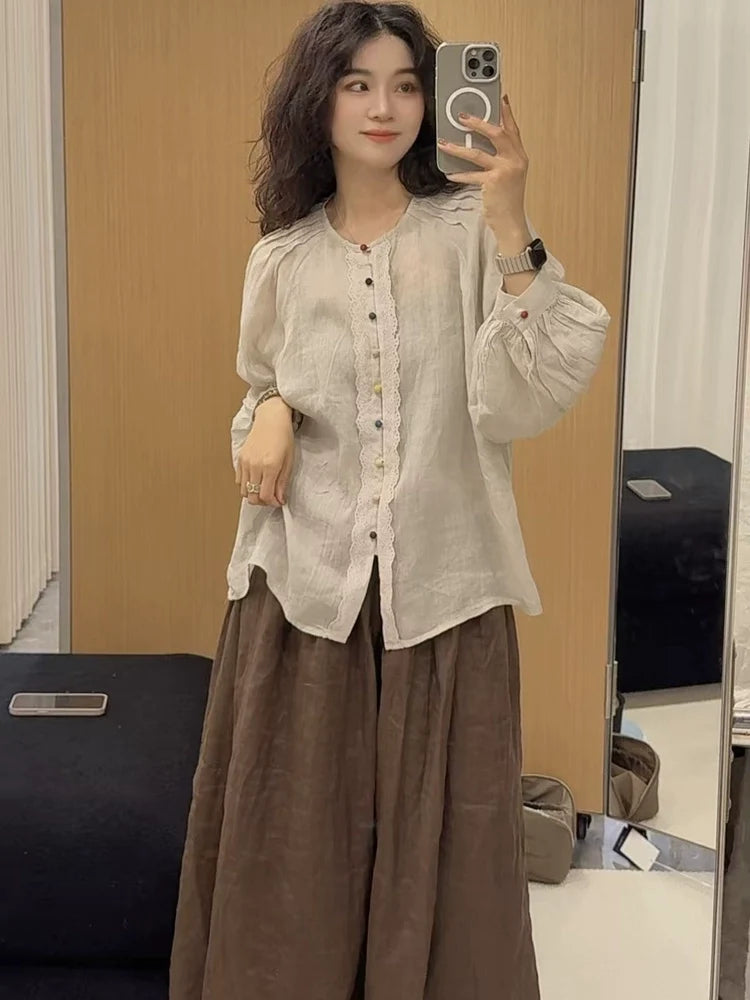 Summer Ramie Floral Lace Single-Breasted Puffed Sleeves Top